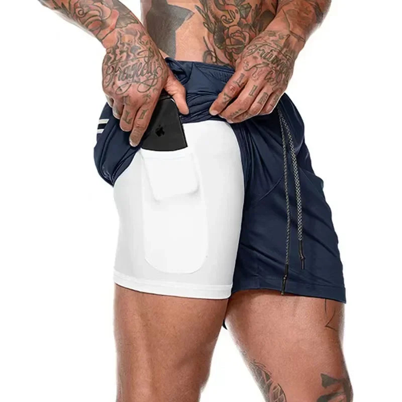 Men Double Layer Fitness Shorts 2 in 1 Quick Dry Training