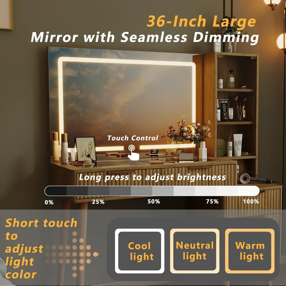 Fluted Vanity Desk 36 in LED Mirror and 47 in Makeup Table