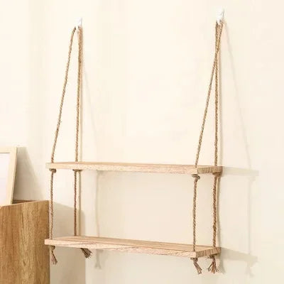 Wooden Floating Shelves For Wall With Hanging Rope Storage