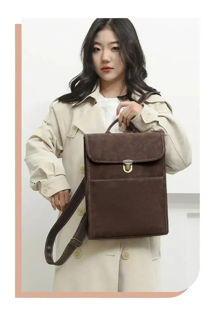 Elegant Korean Style Faux Leather Shoulder Bag For Women Commuting Travel Matte Finish Double Strap Laptop Backpack