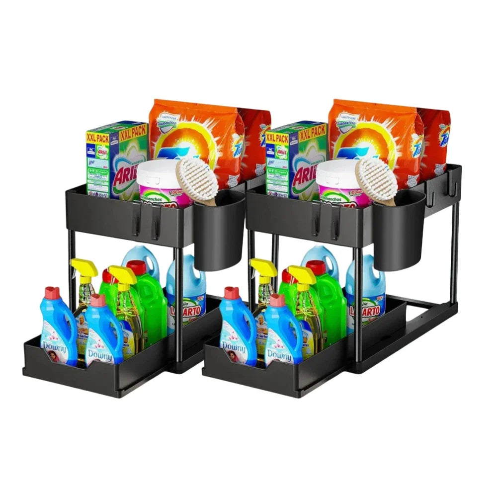 Two Tier Under Sink Organizer With Sliding Basket And Hooks