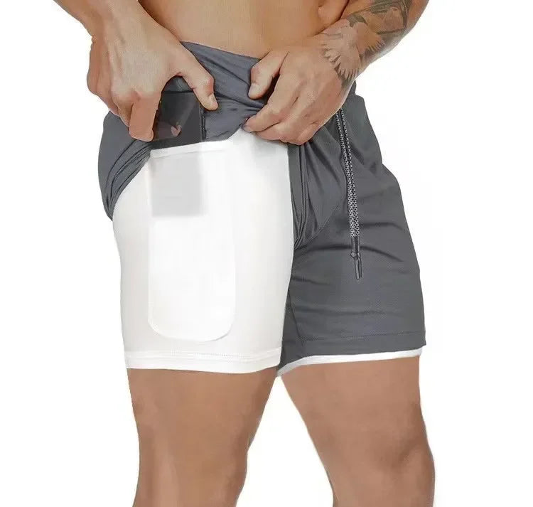 Men Double Layer Fitness Shorts 2 in 1 Quick Dry Training