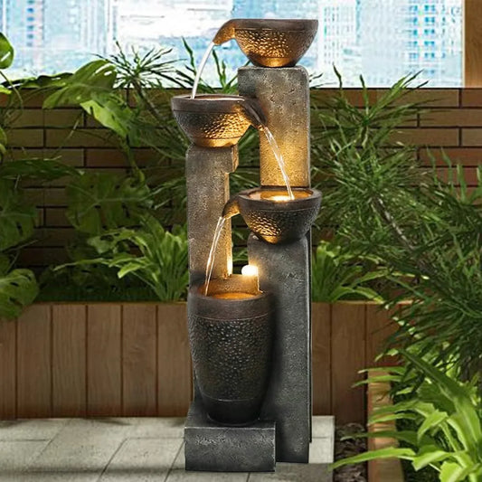 40 Inch High 4 Tier Outdoor Garden Water Fountain Resin LED