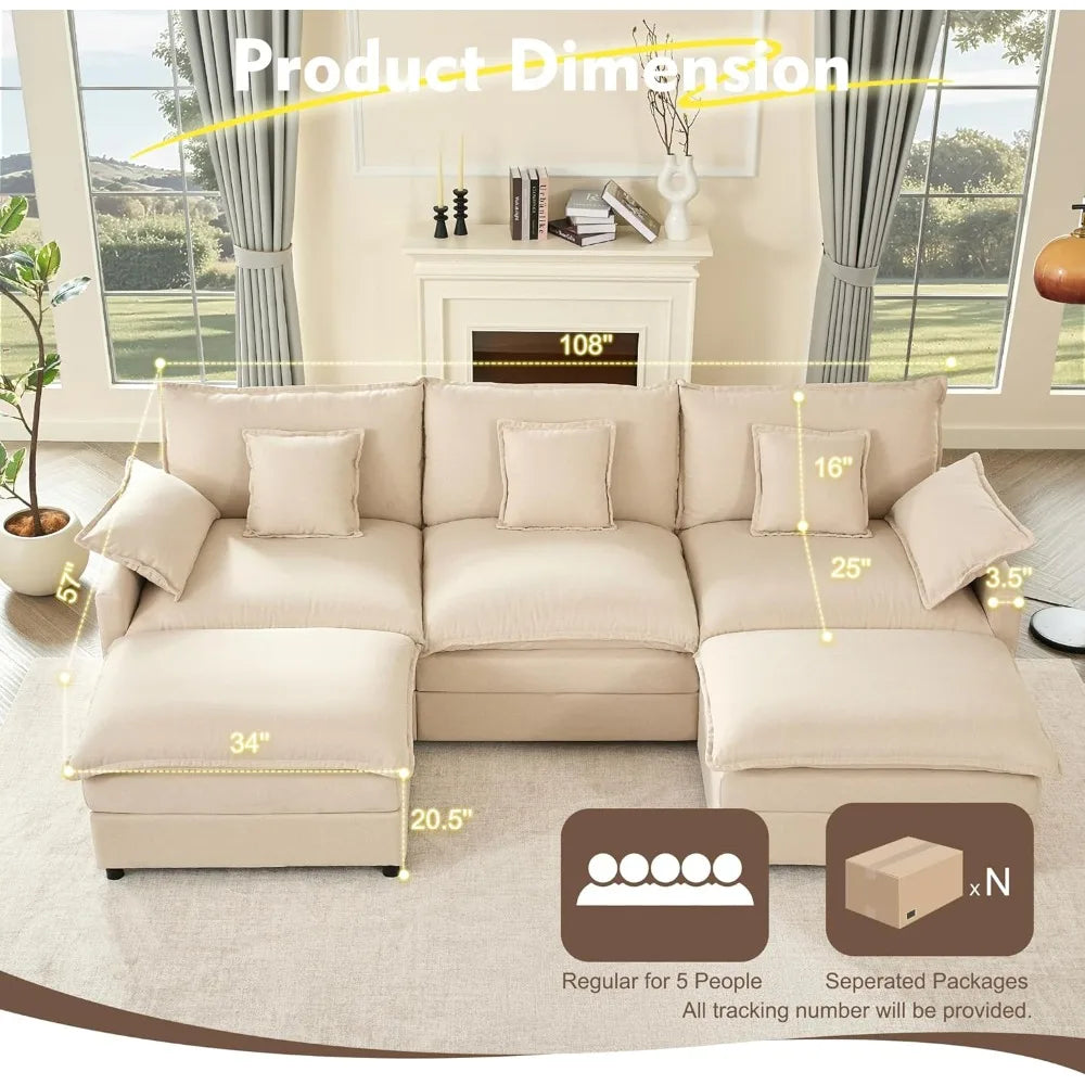 108 U Shaped Modular Sectional Sofa With Movable Ottoman