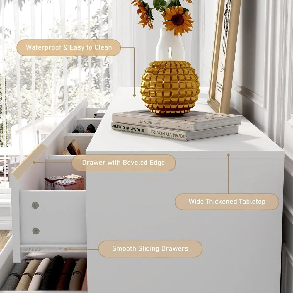 White Malm Dresser 55 Wide 10 Drawers Modern Wood Chest