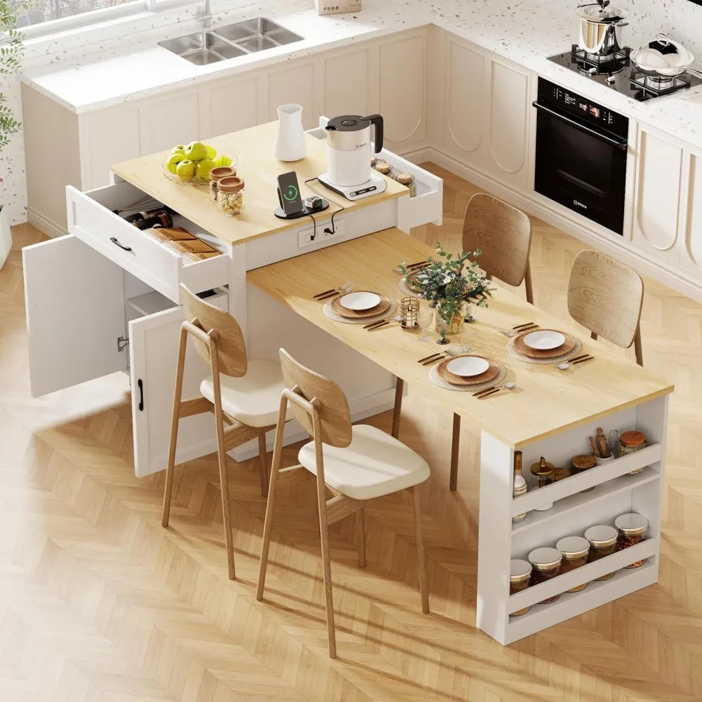 Extendable Kitchen Island With Power Outlet And Storage
