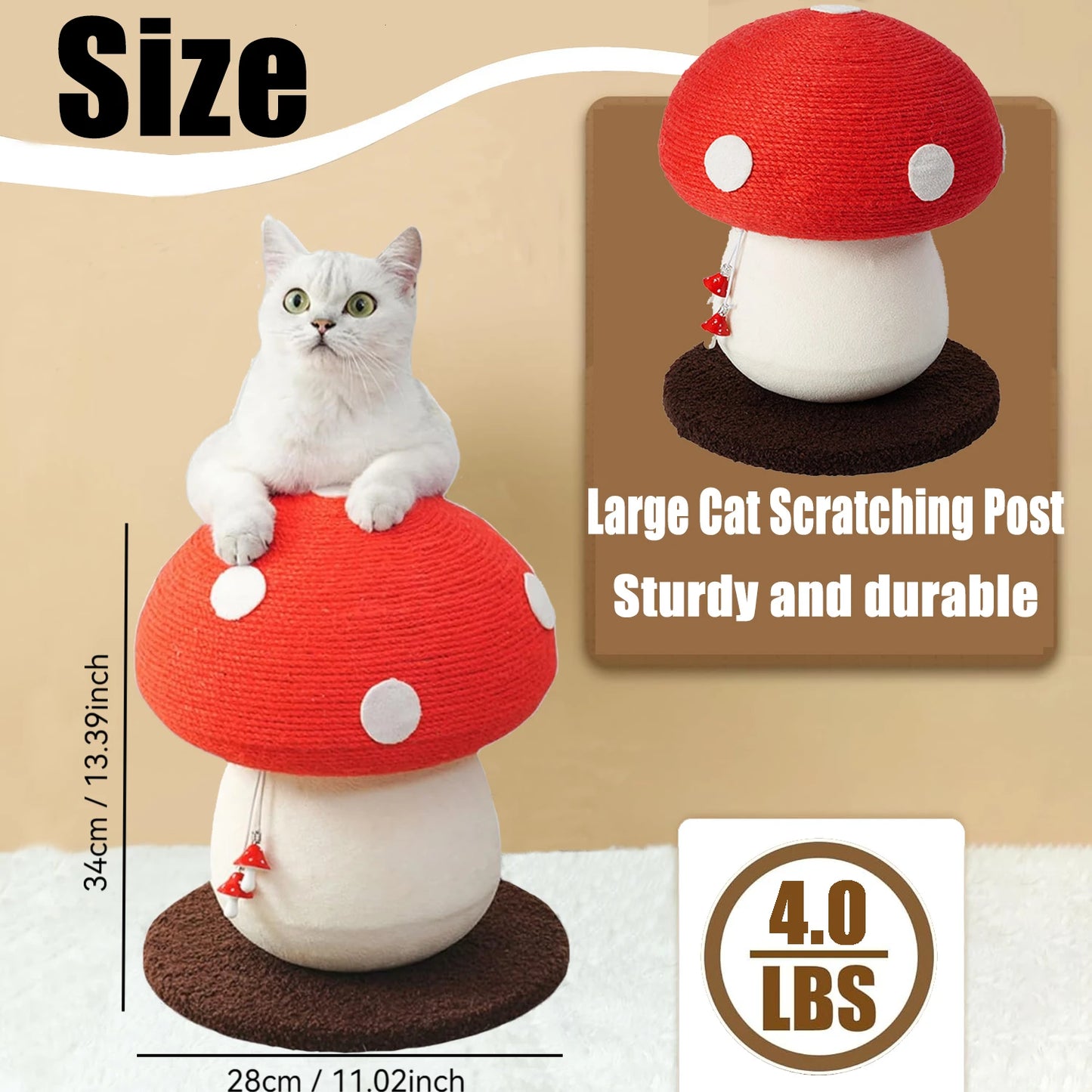 Red Mushroom Shaped Sisal Cat Scratching Post Durable Safe