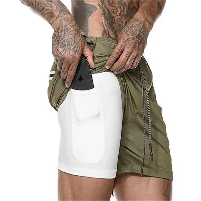 Men Double Layer Fitness Shorts 2 in 1 Quick Dry Training