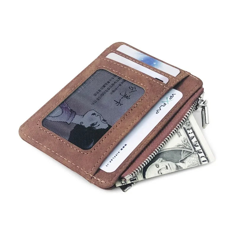 Mens Slim Card Wallet Matte Leather Retro Style Multi Card Holder Frosted Fabric Finish Transparent Coin Pocket