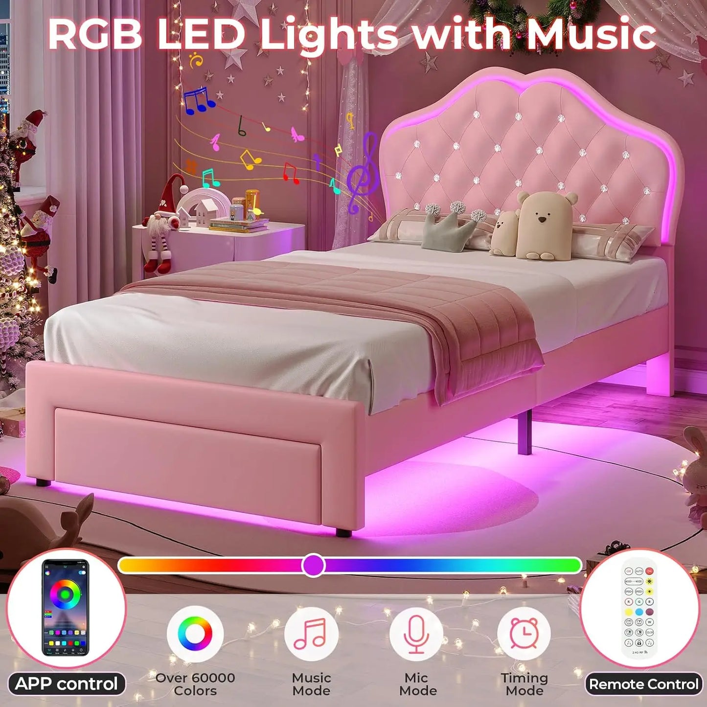Twin Size Girl Bed Storage Drawers LED Lights Headboard