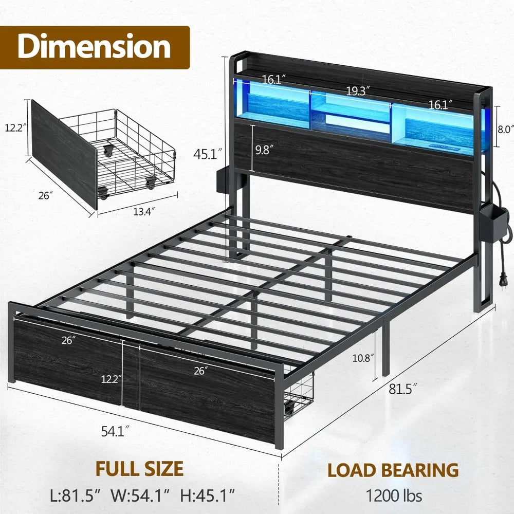 Bed Frame With Wood Headboard Metal Platform Full Storage