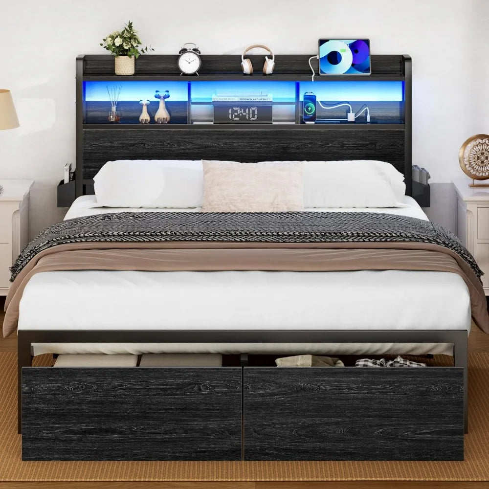 Bed Frame With Wood Headboard Metal Platform Full Storage