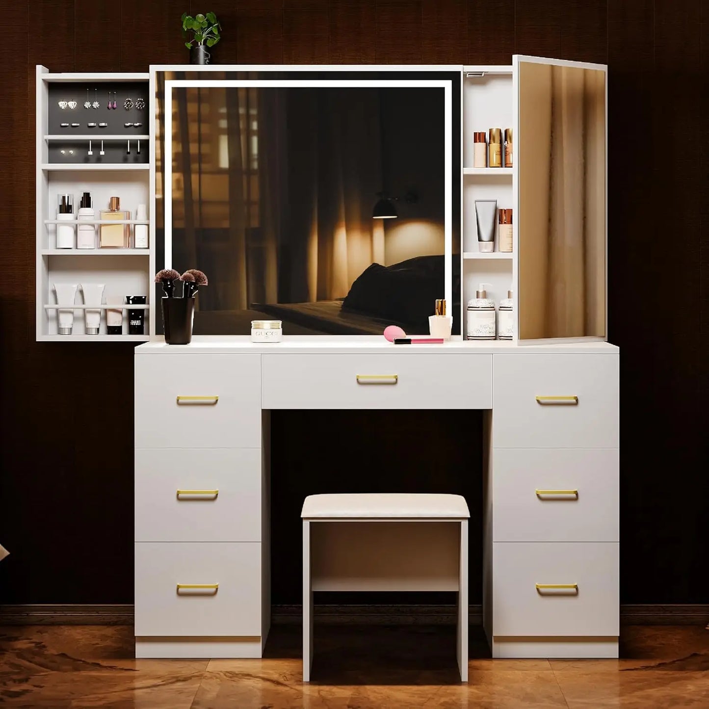 Vanity Desk Lighted Mirror Charging Station Glass Tabletop