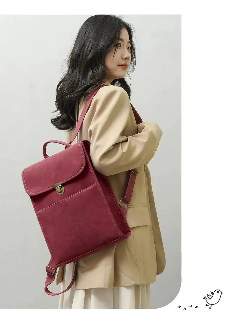 Elegant Korean Style Faux Leather Shoulder Bag For Women Commuting Travel Matte Finish Double Strap Laptop Backpack