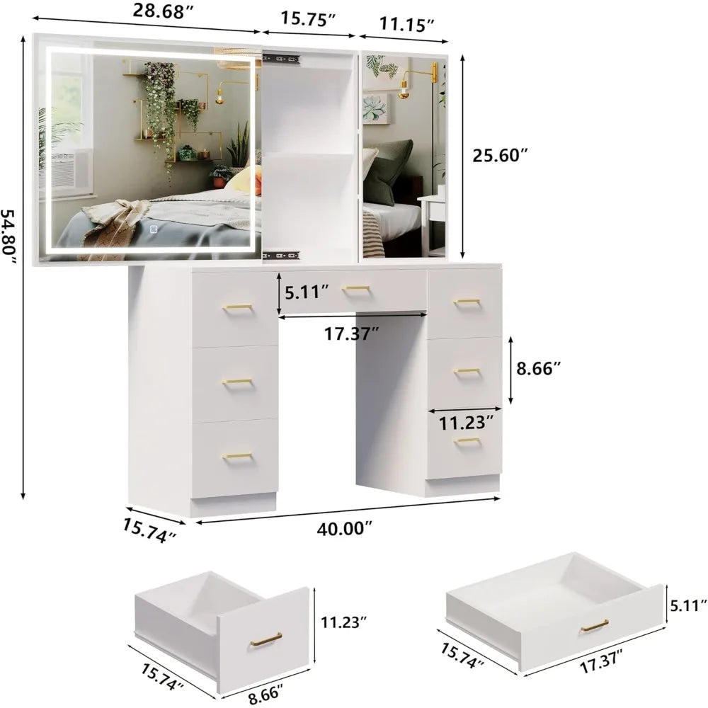 Vanity Desk Lighted Mirror Charging Station Glass Tabletop