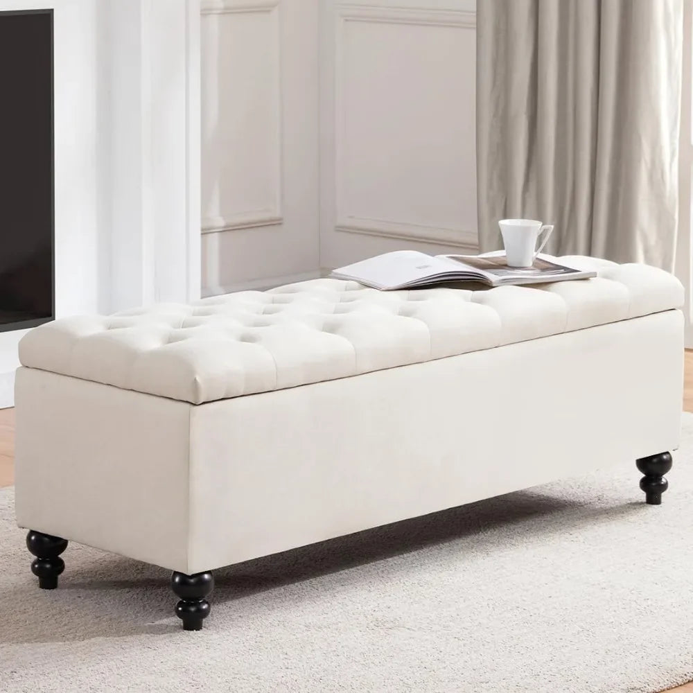 Upholstered Button Tufted Storage Ottoman With Safety Hinge