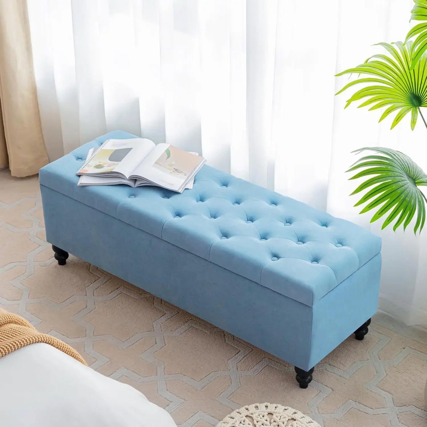 Upholstered Button Tufted Storage Ottoman With Safety Hinge