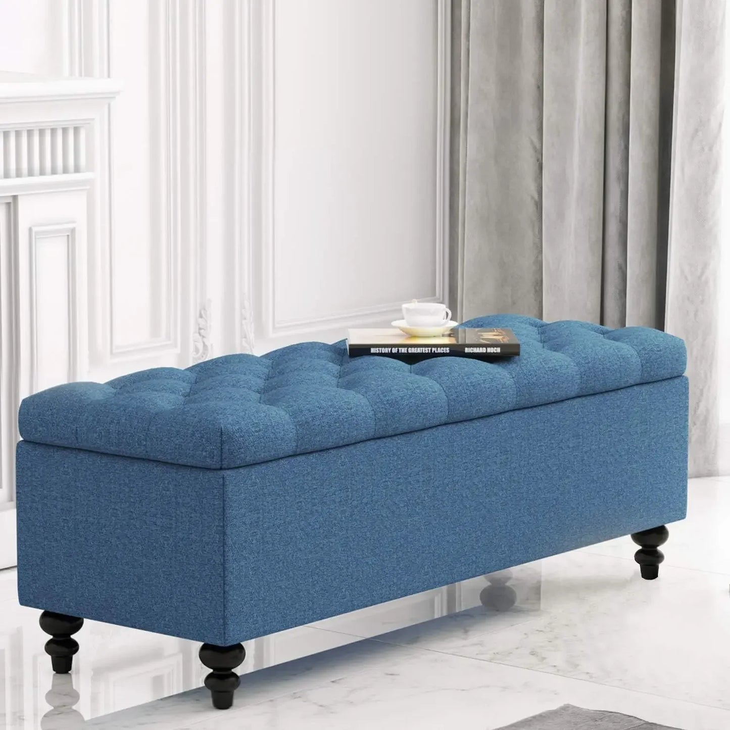 Upholstered Button Tufted Storage Ottoman With Safety Hinge