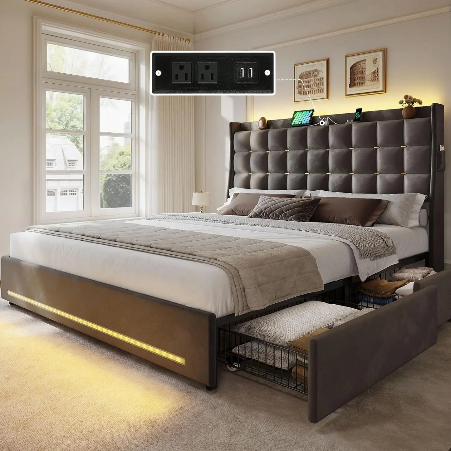 LED Lights Velvet Upholstered Platform Frame With Drawers