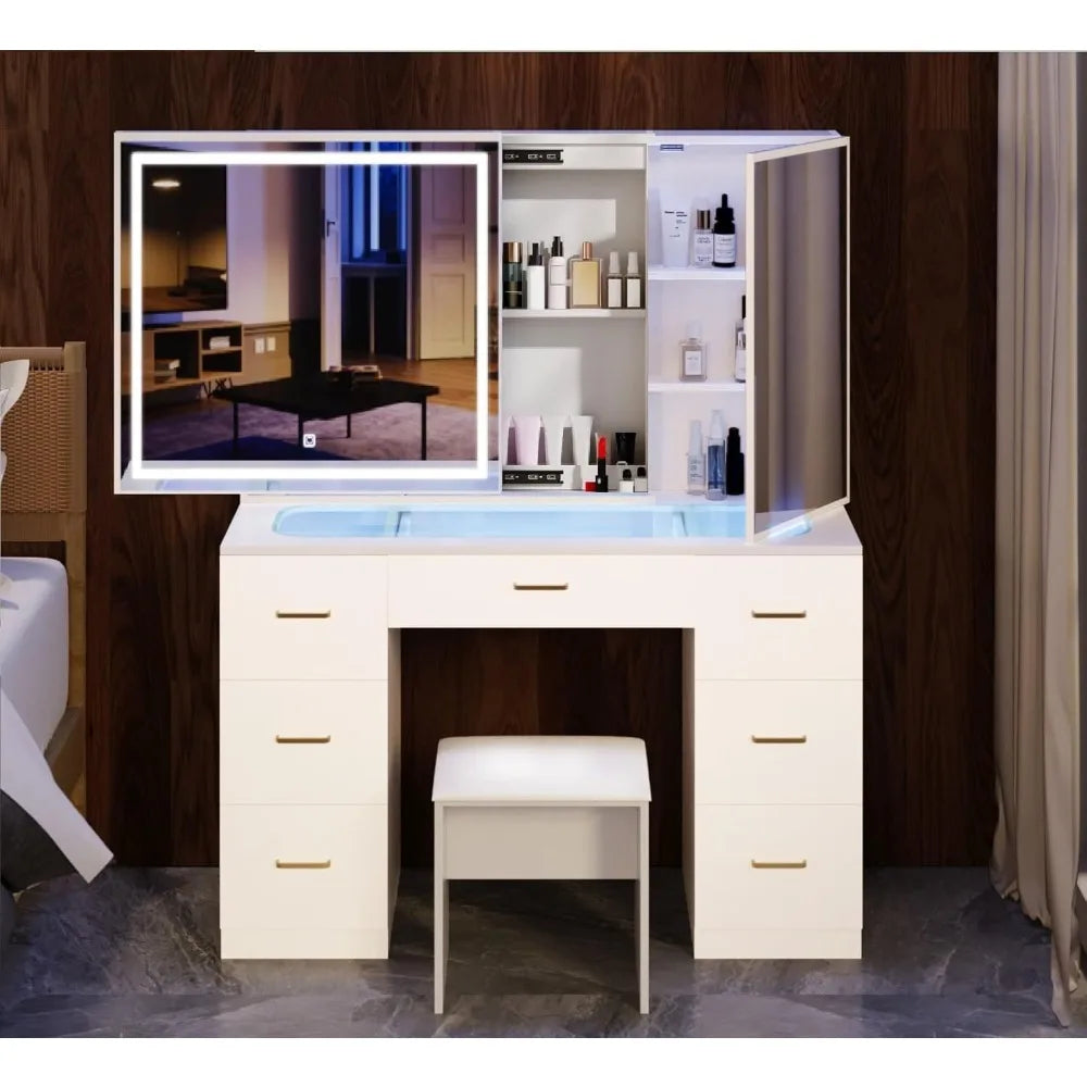 Vanity Desk Lighted Mirror Charging Station Glass Tabletop