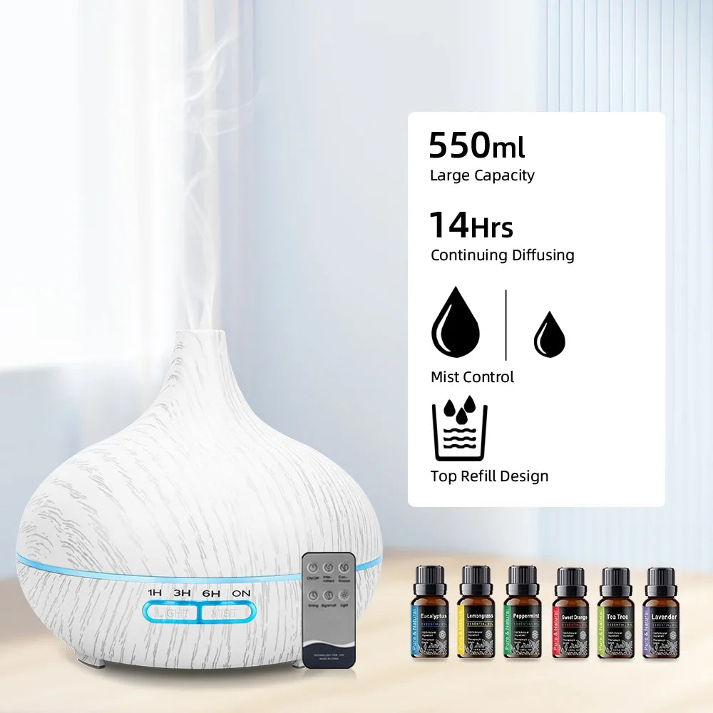 550ml Wood Grain Oil Diffuser With Remote Auto Shut Off