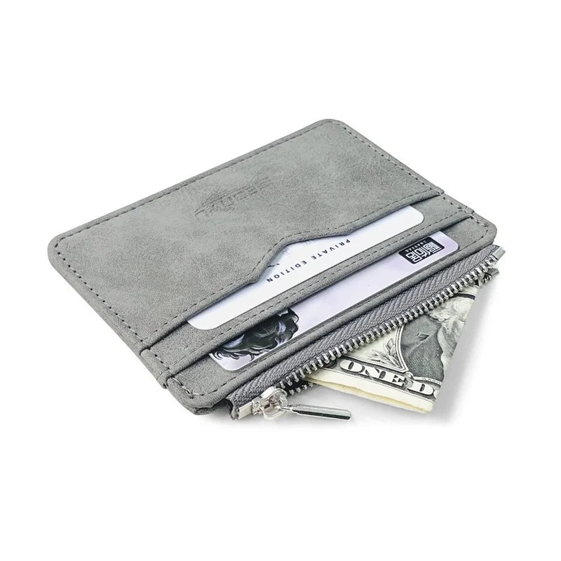 Mens Slim Card Wallet Matte Leather Retro Style Multi Card Holder Frosted Fabric Finish Transparent Coin Pocket