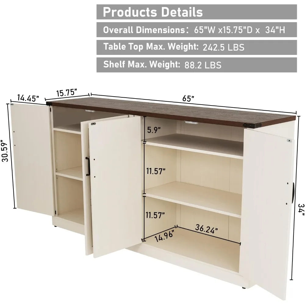 65 Inch Farmhouse Sideboard Buffet Cabinet With Storage