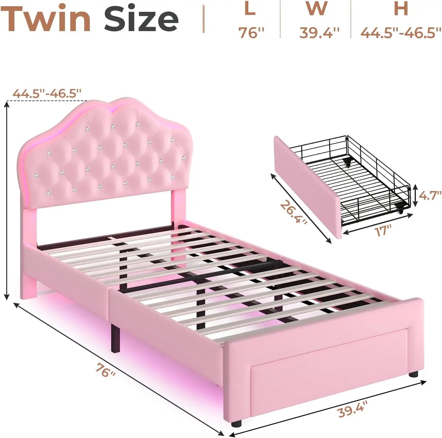 Twin Size Girl Bed Storage Drawers LED Lights Headboard