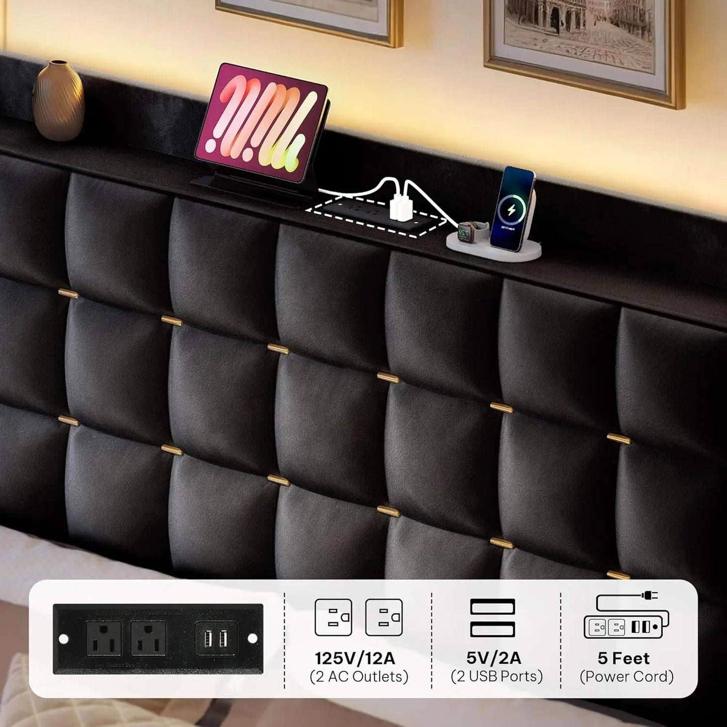 LED Lights Velvet Upholstered Platform Frame With Drawers