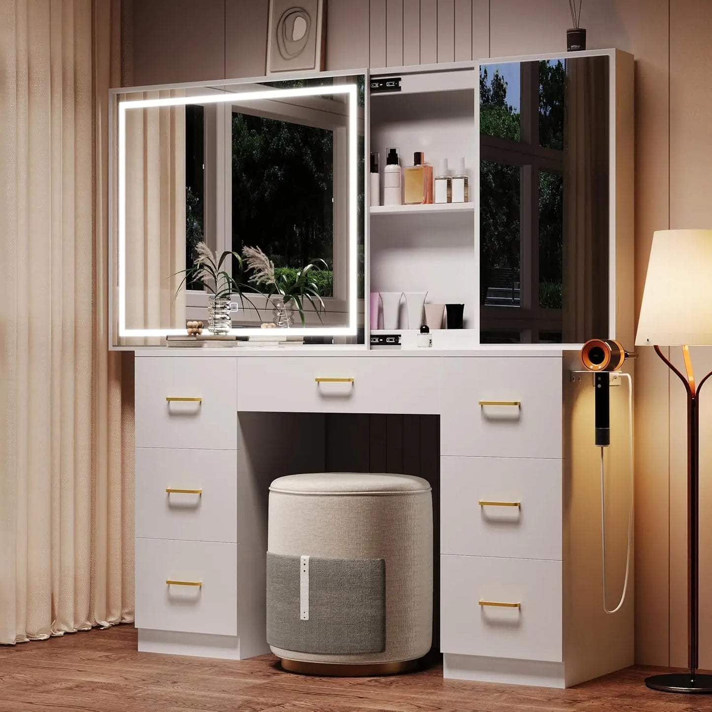 Vanity Desk Lighted Mirror Charging Station Glass Tabletop