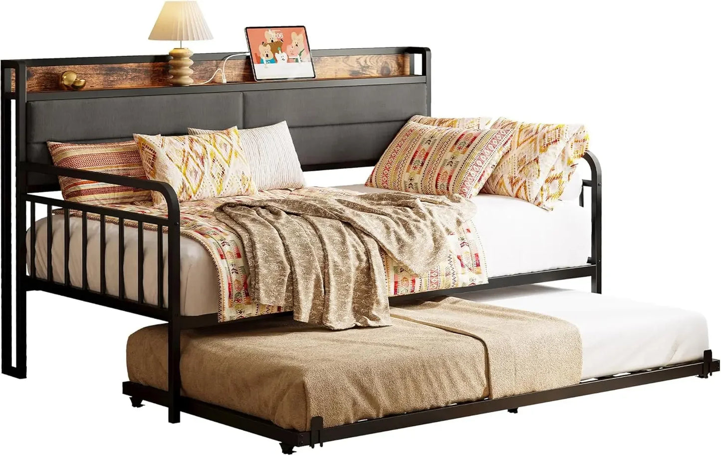 Daybed With Trundle And Metal Twin Frame Headboard Charging