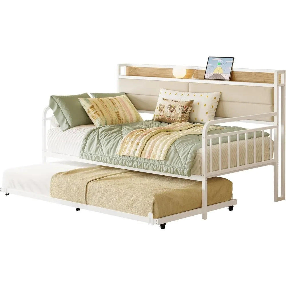 Daybed With Trundle And Metal Twin Frame Headboard Charging
