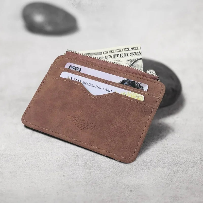 Mens Slim Card Wallet Matte Leather Retro Style Multi Card Holder Frosted Fabric Finish Transparent Coin Pocket