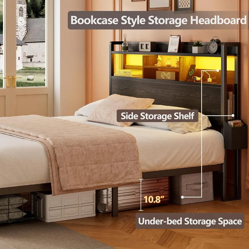 Bed Frame With Wood Headboard Metal Platform Full Storage