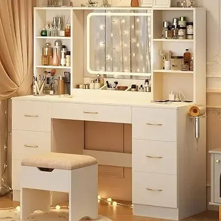 47 Inch Large Vanity Desk With Mirror And LED Lights Black