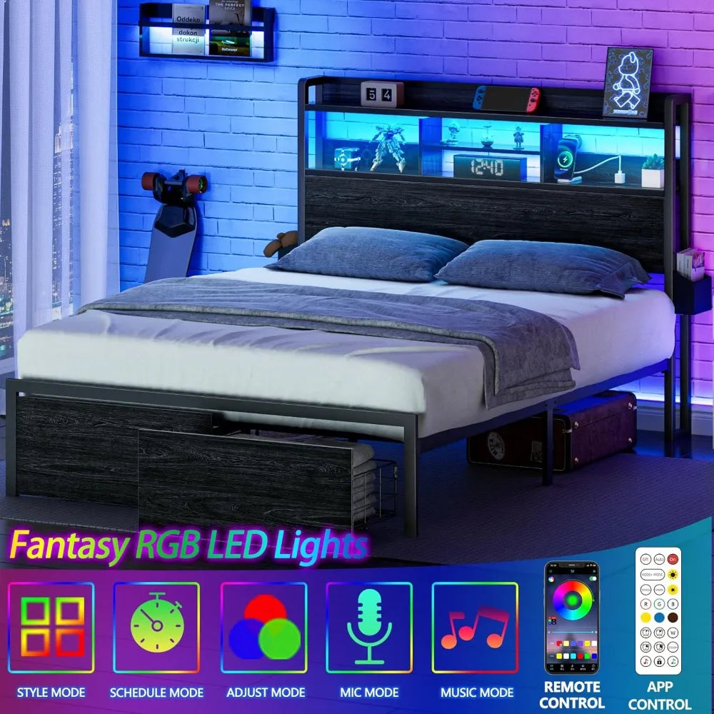 Bed Frame With Wood Headboard Metal Platform Full Storage