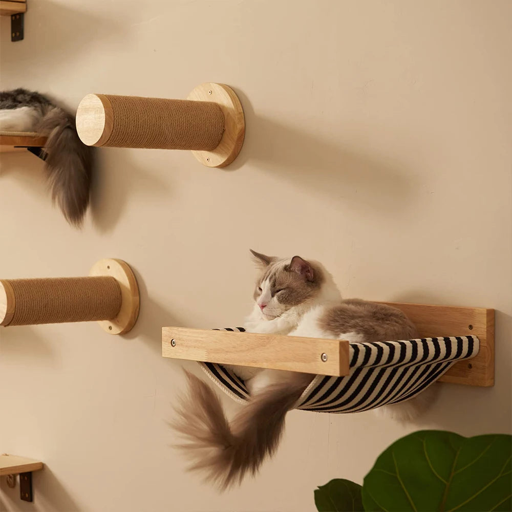 Wooden Wall Mounted Cat Hammock And Scratching Posts