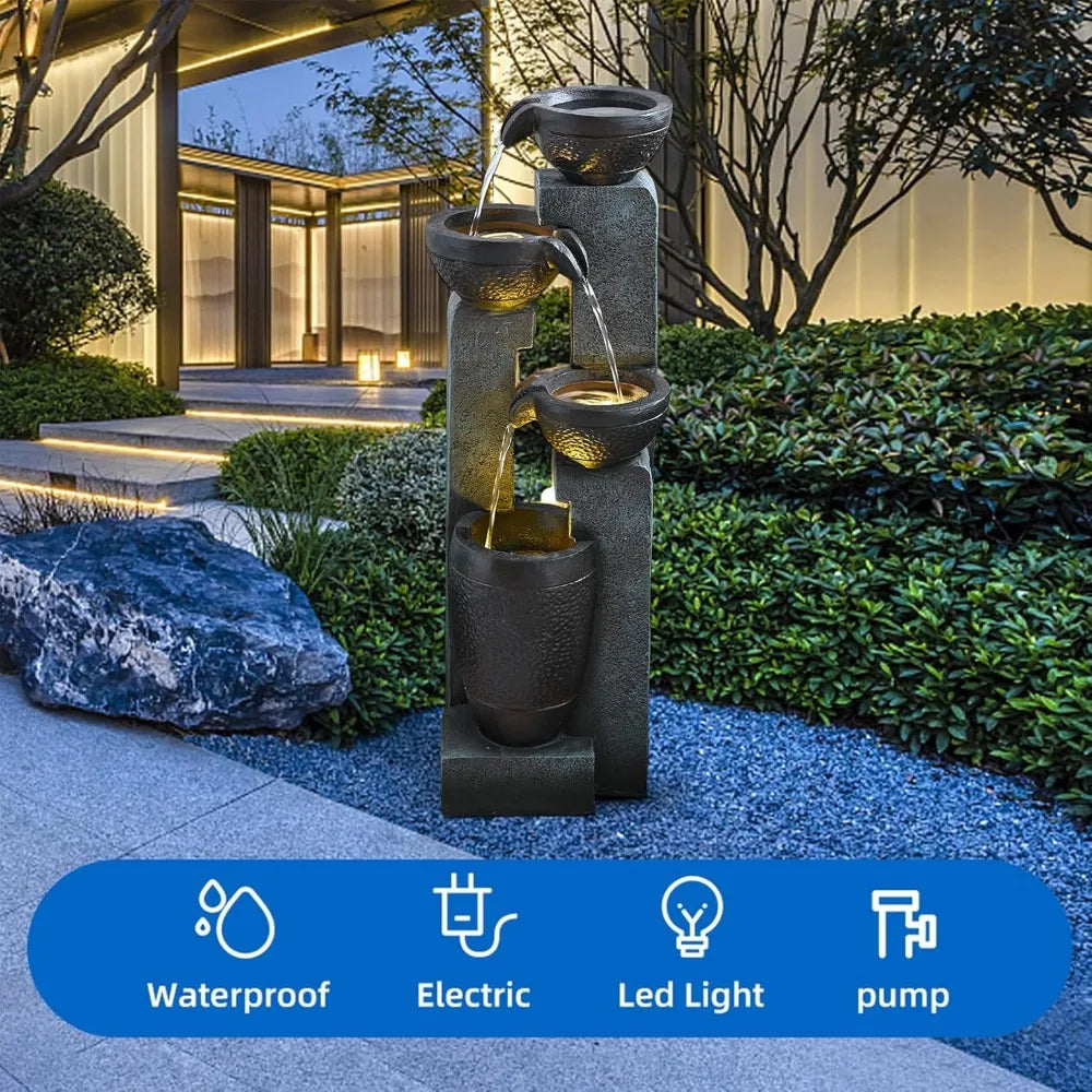 40 Inch Four Tier Outdoor Garden Water Fountain Resin Led