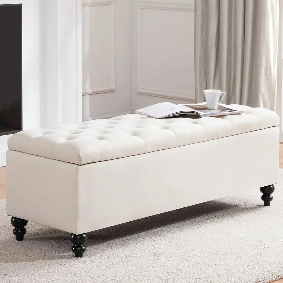 Upholstered Button Tufted Storage Ottoman With Safety Hinge