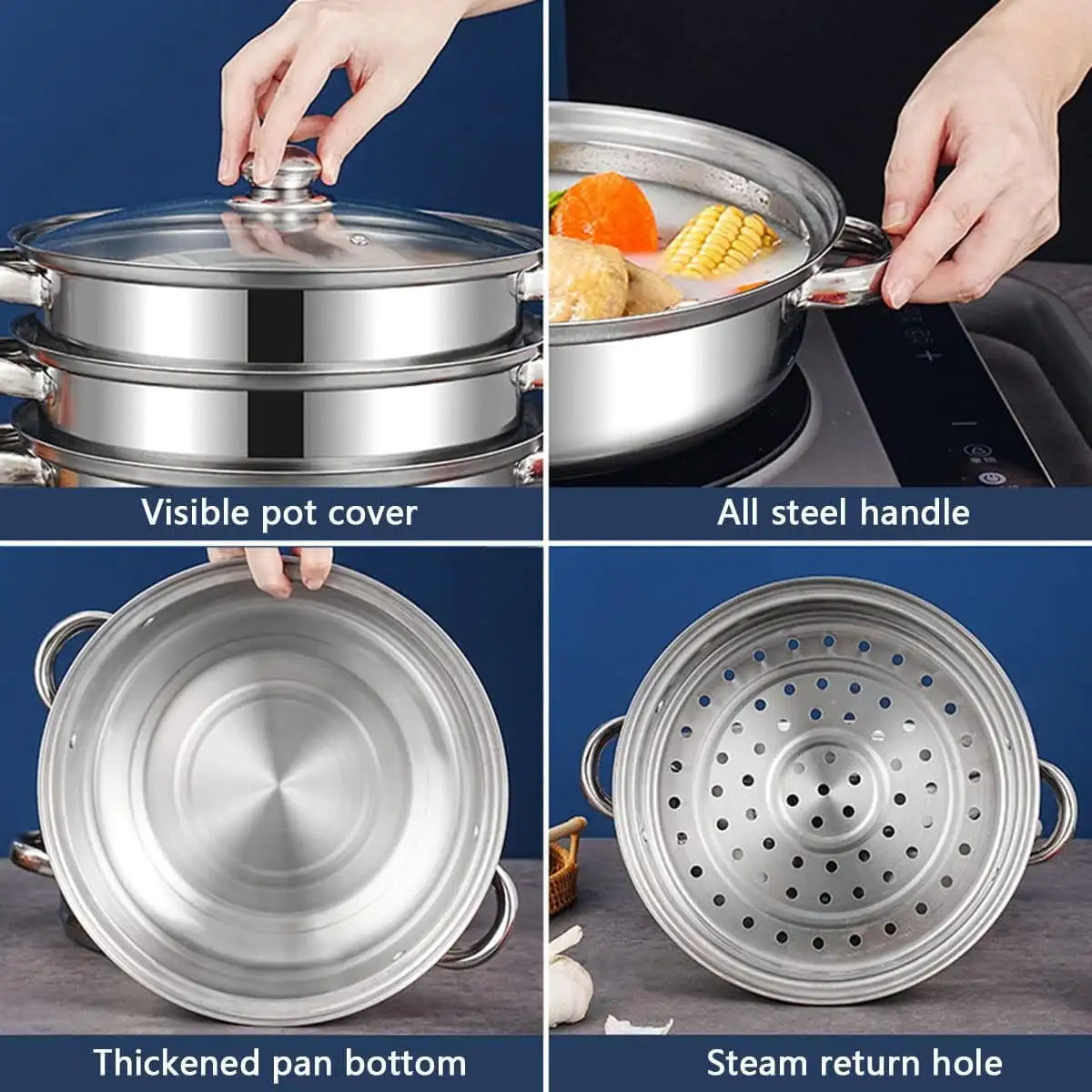 11 Inch Stainless Steel Steamer Pot 3 Tier With Lid