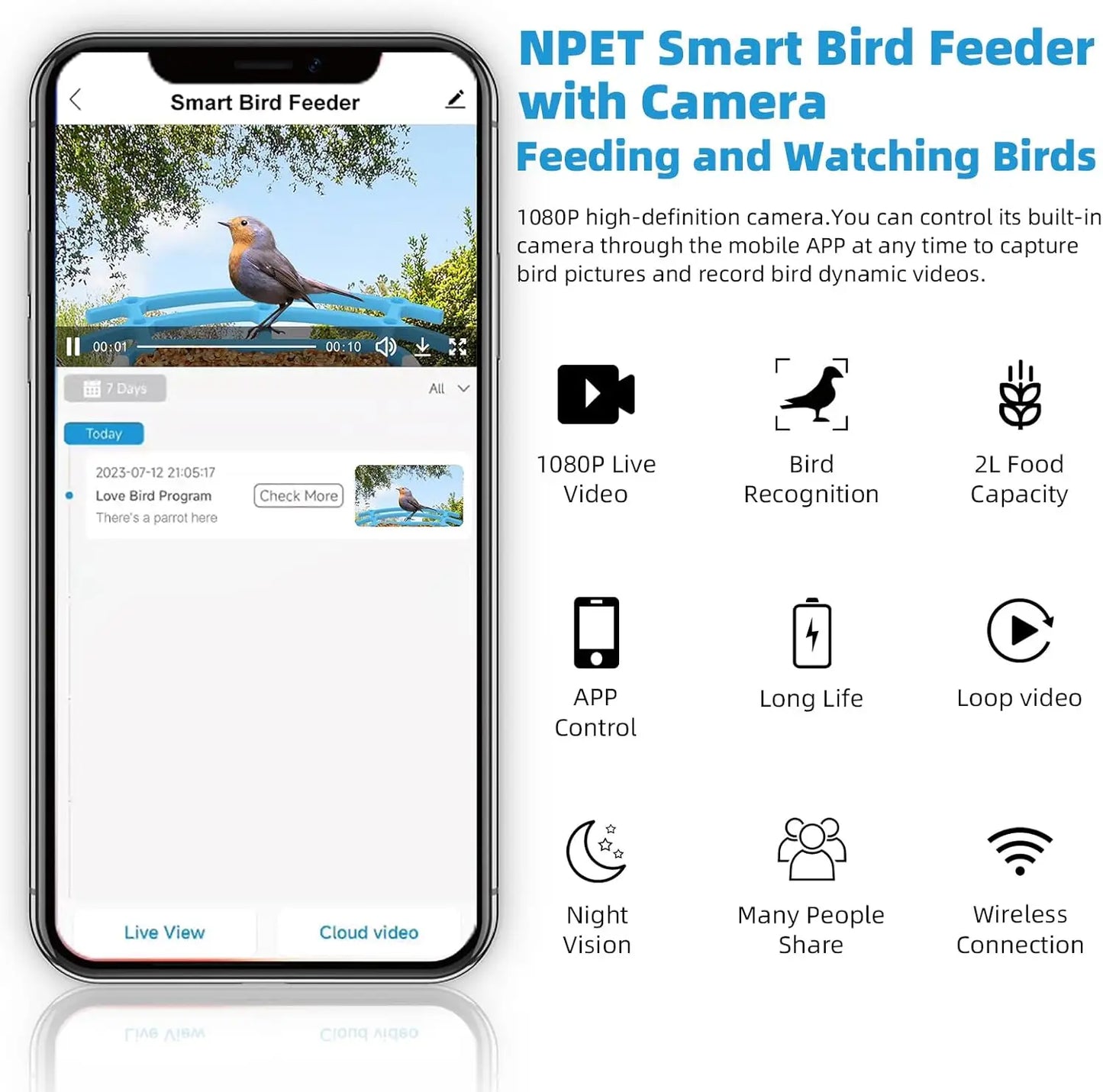 NPET Bird Feeder With Camera Solar Powered Night Vision 4MP