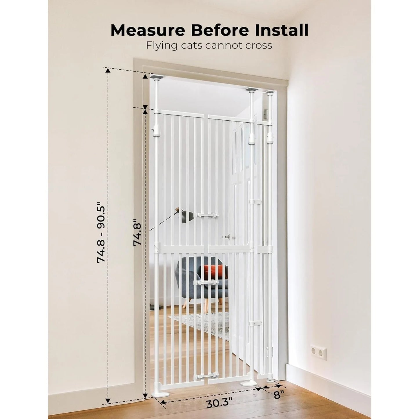Tall Cat Gate for Doorway 74.8-90.5 in 30.3-38.2 in