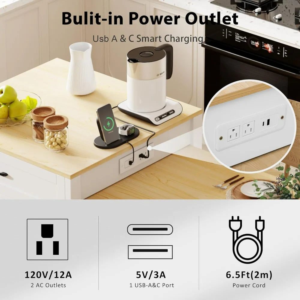 Extendable Kitchen Island With Power Outlet And Storage