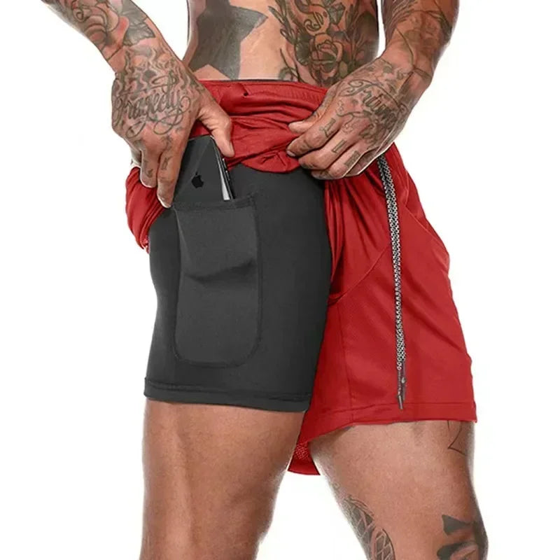 Men Double Layer Fitness Shorts 2 in 1 Quick Dry Training