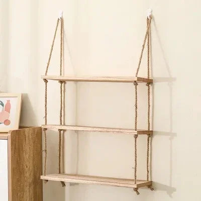 Wooden Floating Shelves For Wall With Hanging Rope Storage
