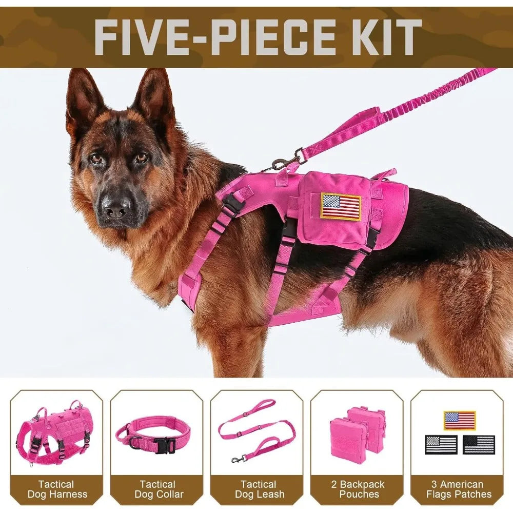 Pink Tactical Dog Harness for Large Dogs with Bungee Leash