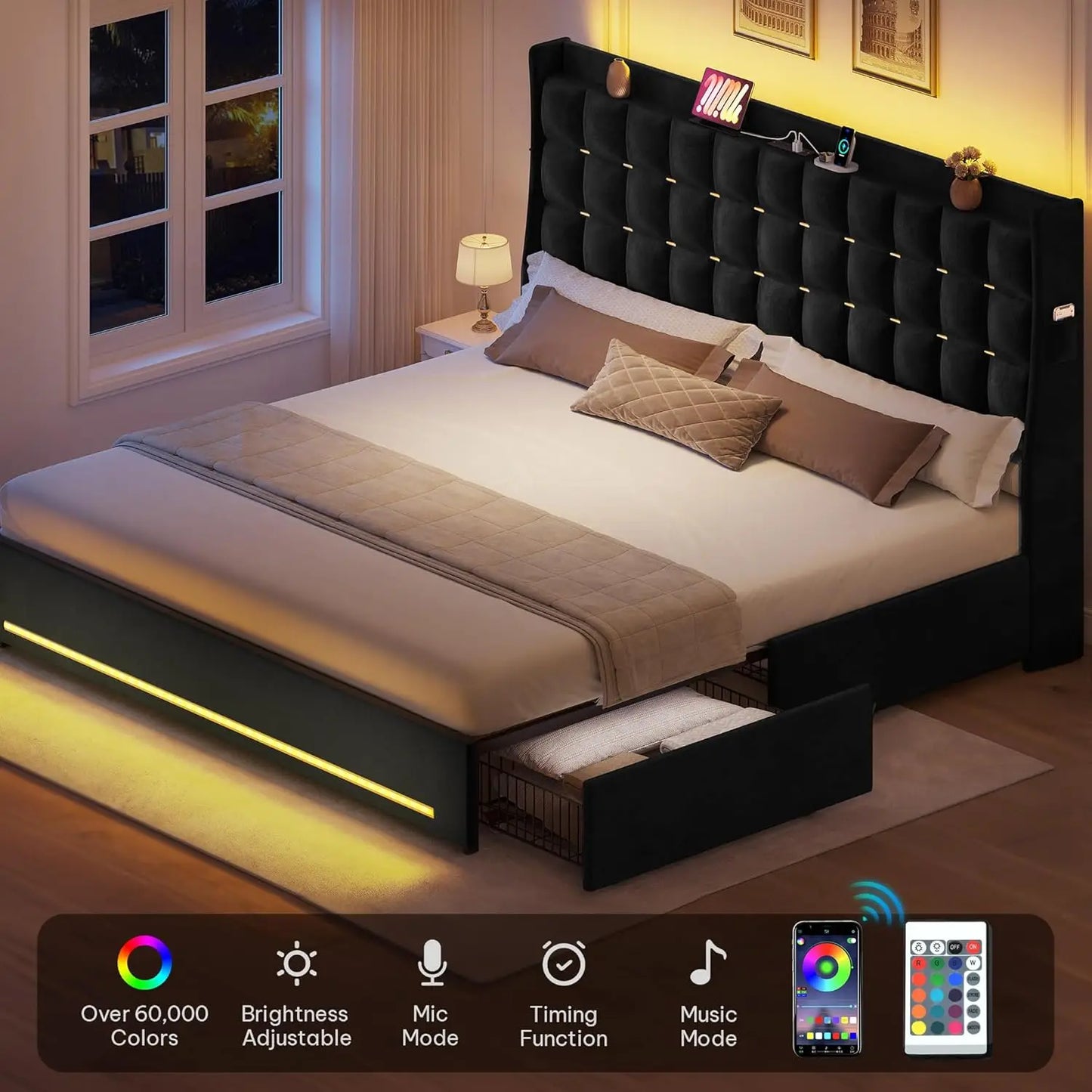 LED Lights Velvet Upholstered Platform Frame With Drawers