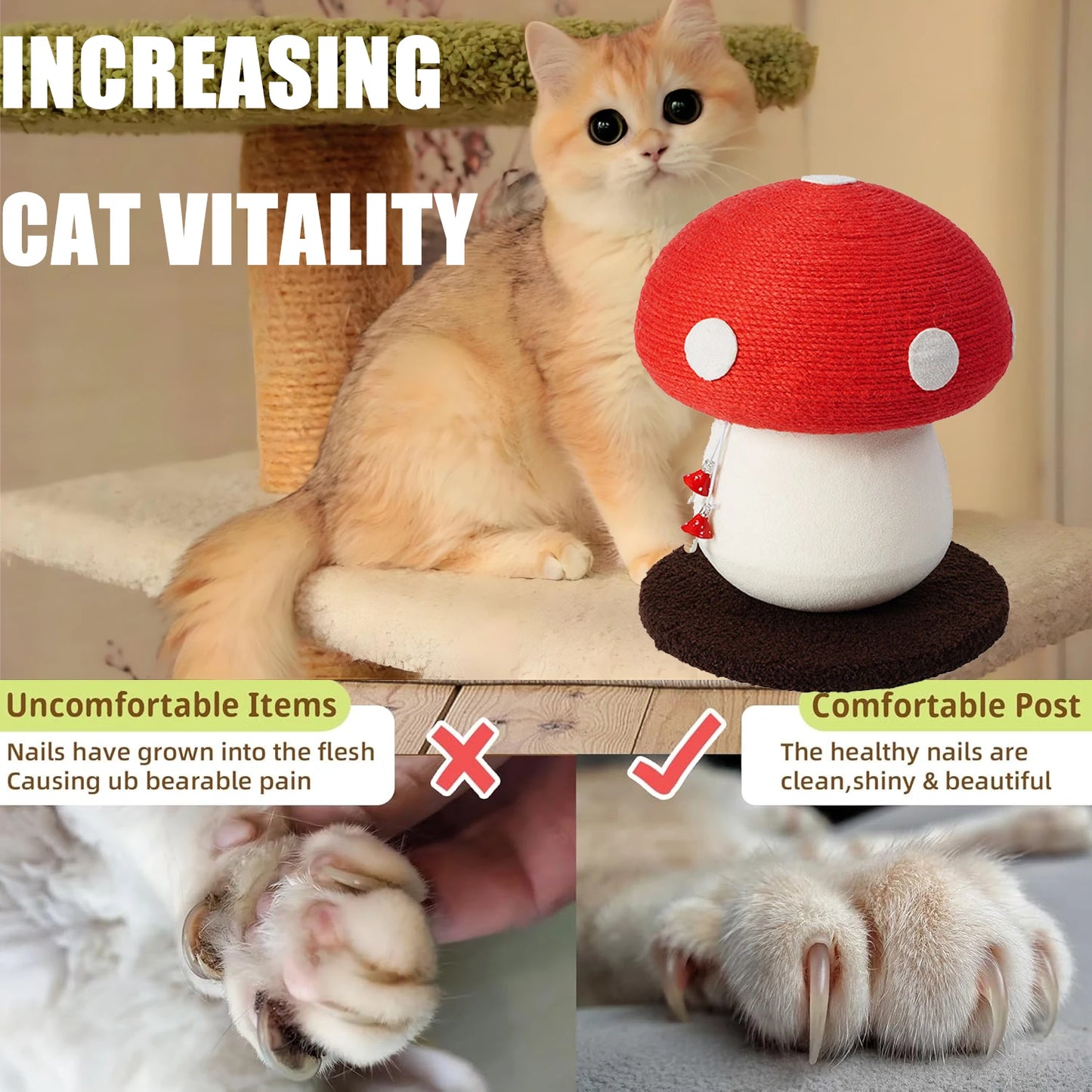 Red Mushroom Shaped Sisal Cat Scratching Post Durable Safe