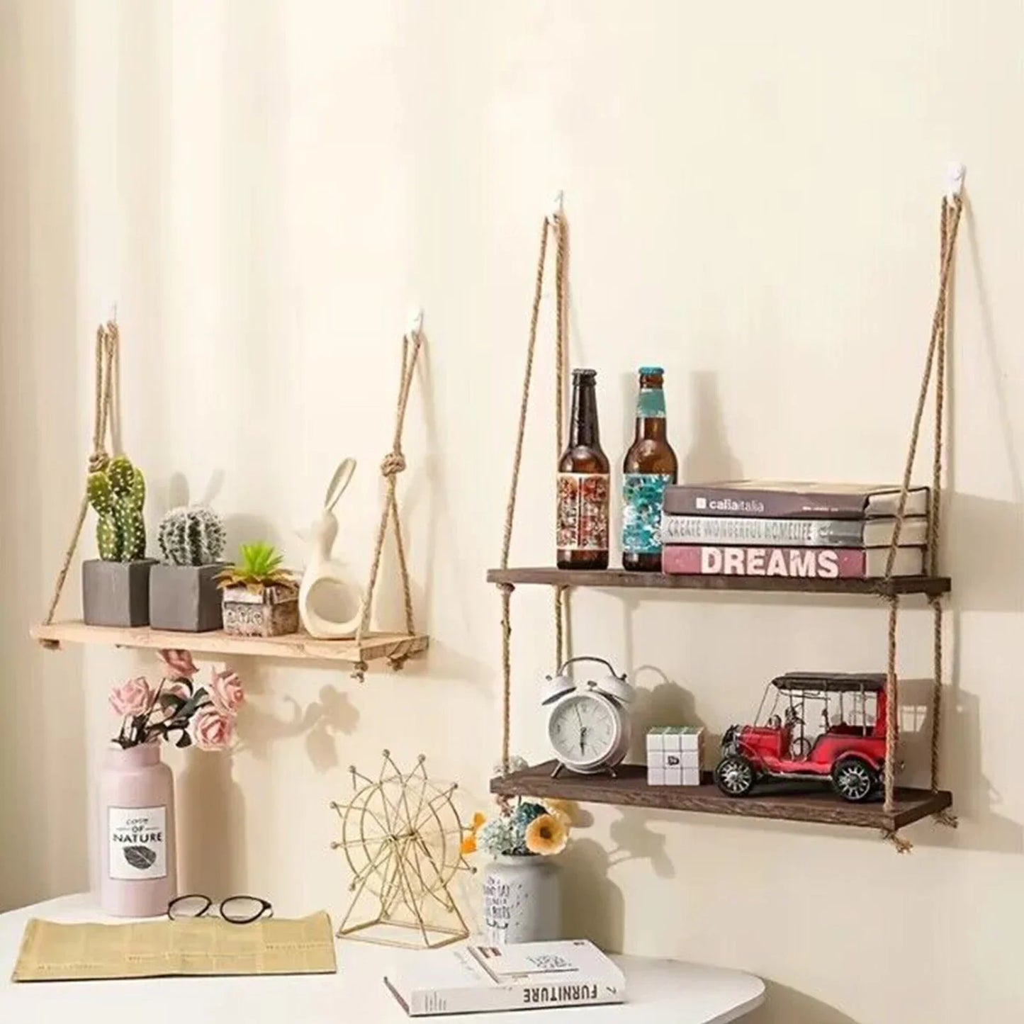Wooden Floating Shelves For Wall With Hanging Rope Storage