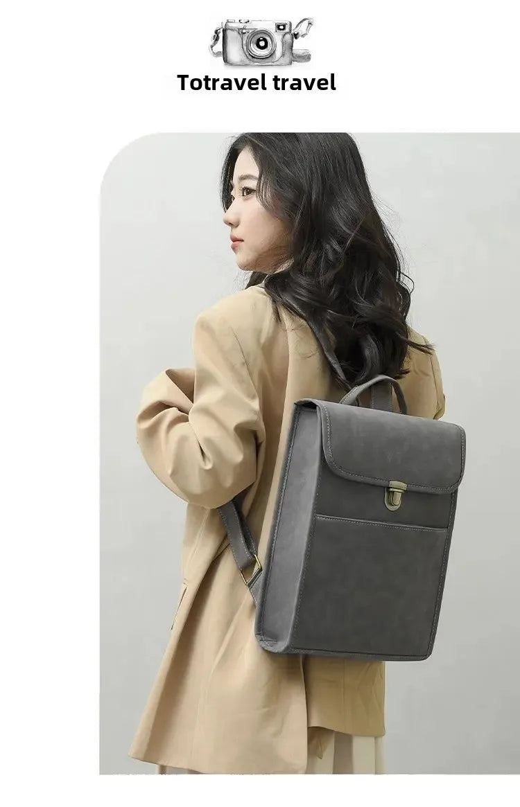 Elegant Korean Style Faux Leather Shoulder Bag For Women Commuting Travel Matte Finish Double Strap Laptop Backpack